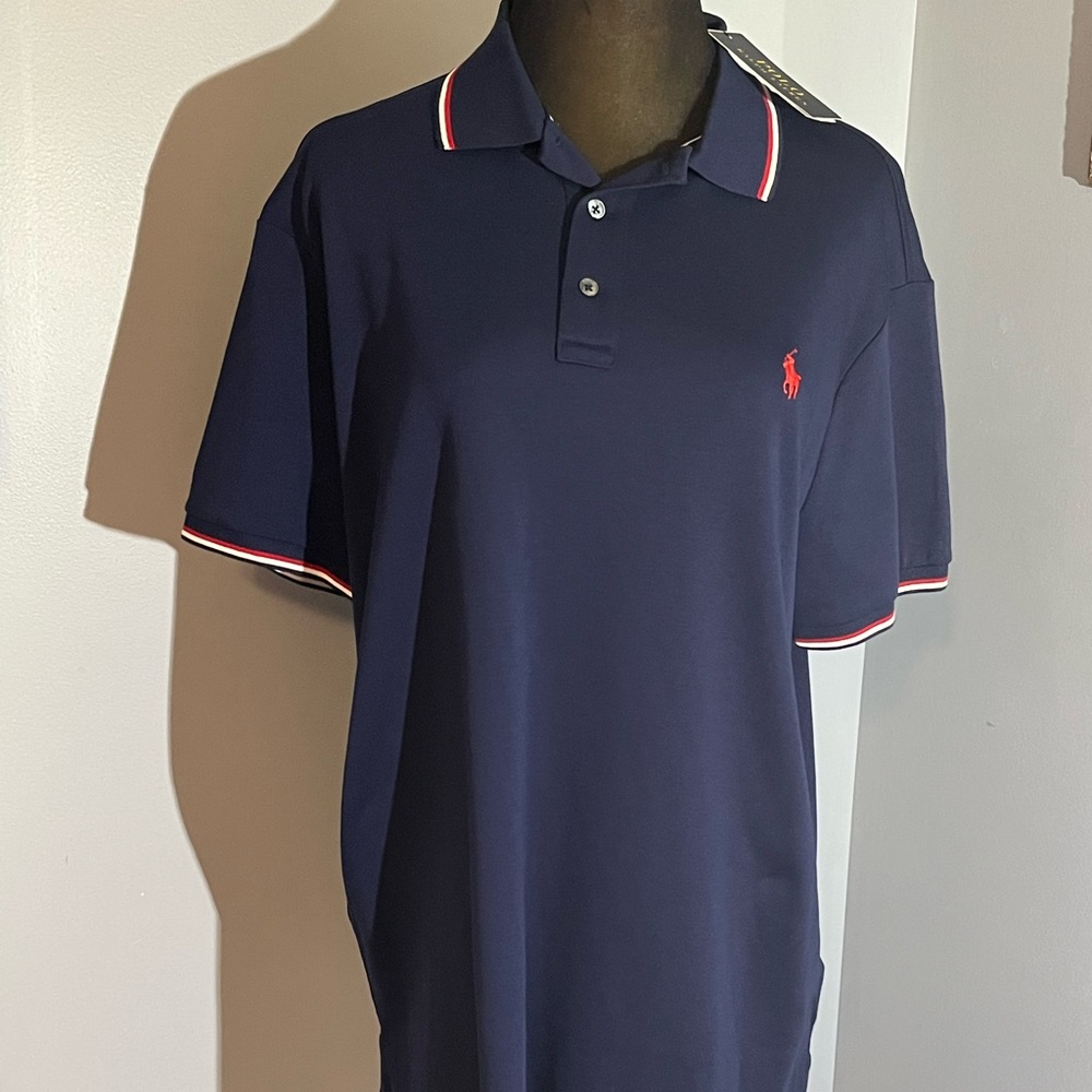 NWT POLO Ralph Lauren Men’s Size L Slim Fit Navy w/Red & White Trim Polo Shirt🐎